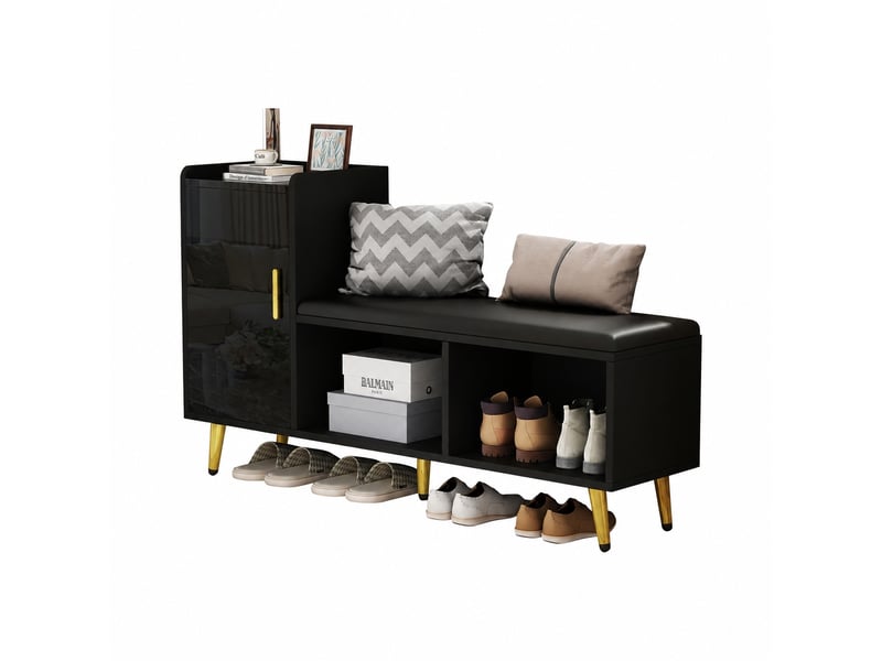  Meuble à chaussures avec banc rembourré, rangement 10 paires, porte et étagères réglables, noir brillant  - Conforama A