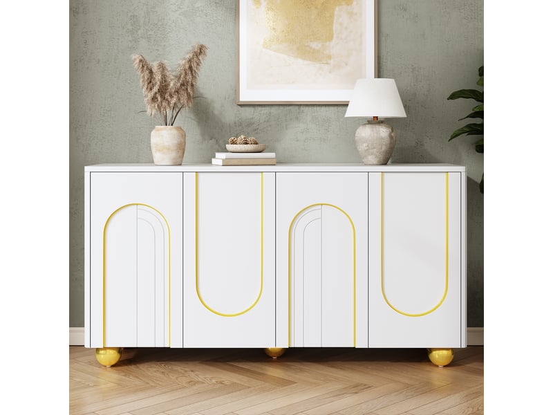  Buffet 4 portes avec rangement et fermeture amortie - lpospi - pieds métal ronds, mdf et panneaux de particules blanc 140 × 40 × 74 cm  - Conforama C