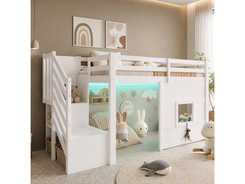  Lit mezzanine enfant 90x200 cm avec escalier, fenêtre et éclairage led blanc  - Conforama B
