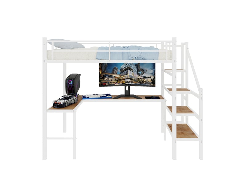 Lit mezzanine, 90x190 cm, couchage en hauteur, avec bureau en l, rangements, matelas non inclus, métal, coloris blanc  - Conforama A