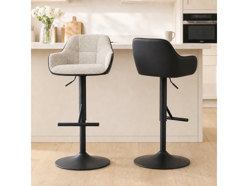  Lot de 2 tabourets rembourrés réglables en hauteur avec dossier et accoudoirs, 52,5 x 53 x 86,5-108 cm, noir et gris clair  - Conforama C