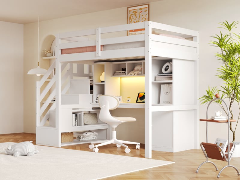 Lit mezzanine 90 × 200 cm, bureau, étagères, escalier-rangement, led, prises et garde-corps hauts, bois et mdf, blanc - Conforama B