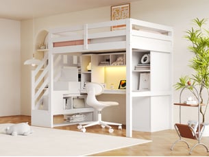 Lit mezzanine 90 × 200 cm, bureau, étagères, escalier-rangement, led, prises et garde-corps hauts, bois et mdf, blanc
