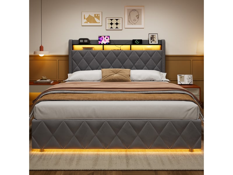  Lit coffre 160x200 avec éclairage led et prise électrique, lit pour adolescents avec étagères ouvertes et coffre de rangement, grise,sans matelas  - Conforama E