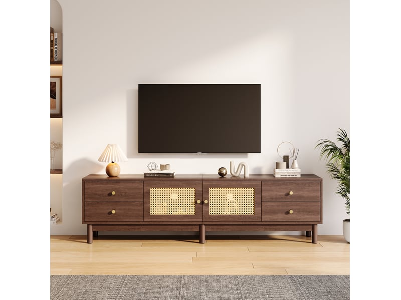  Meuble tv 180 x 35 x 44 cm marron avec portes en rotin et 4 tiroirs  - Conforama D