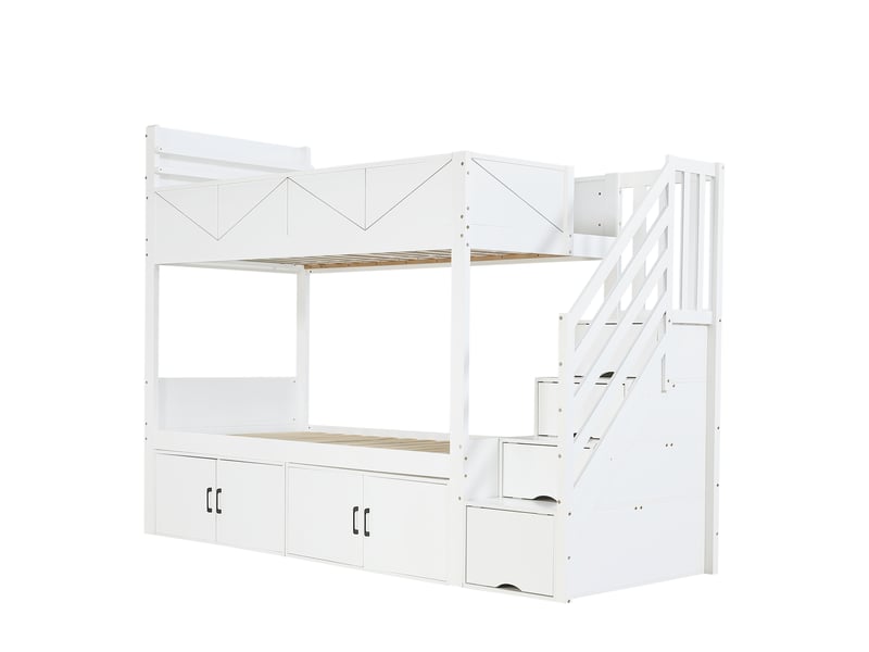 Lit superposé blanc 90x200 cm avec rangement et escalier - Conforama W