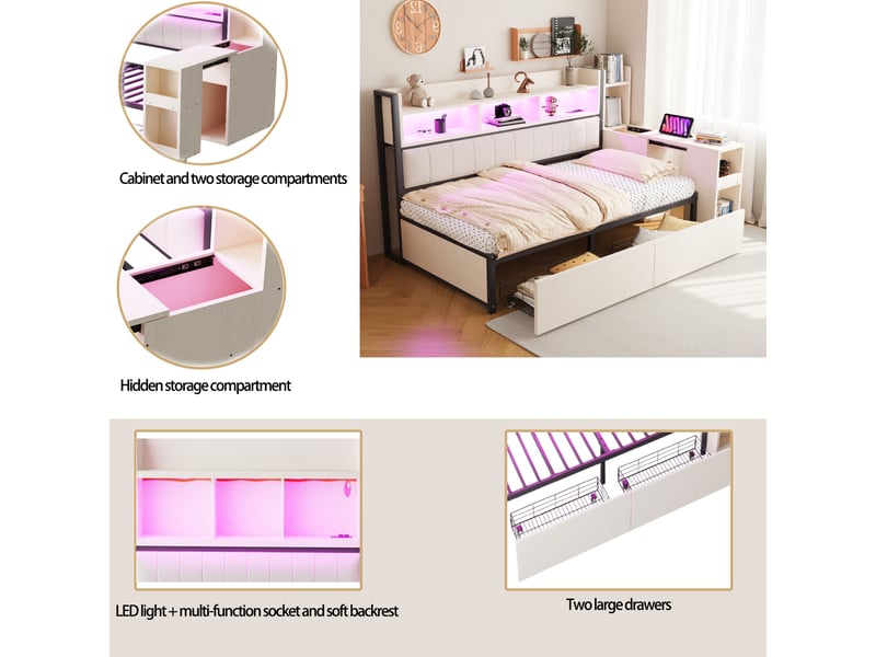 Lit avec bureau 90 x 200 cm blanc, structure métal et bois, led, prises usb et grands tiroirs  - Conforama D