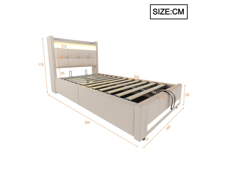  Modenvie lit enfant coffre 90x200 cm - led, port usb et rangements, sommier inclus - beige  - Conforama C