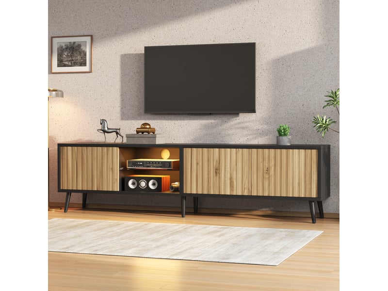  Meuble tv tcqpz led 175 x 31 x 43,5 cm pour tv jusqu'à 75 pouces, bois naturel et noir  - Conforama B