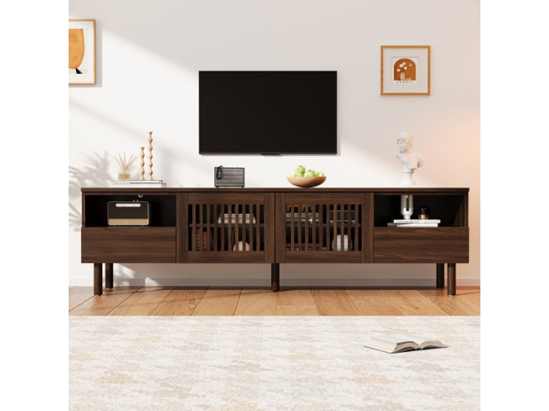  Meuble tv 180 cm en mdf et bois - 2 portes grillagées, 2 tiroirs, rangements ouverts, pieds bois massif, 180x40x51 cm  - Conforama B