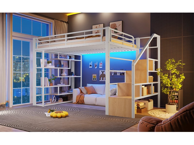  Lit superposé 140x200 cm blanc mdf et métal avec rangements escalier intégré garde-corps échelle et bande led sans matelas Sol Morn - Conforama E