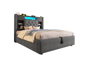 Lit coffre 90x200 cm avec led et recharge usb-c tête de lit avec étagère et rangement pour chambre gris