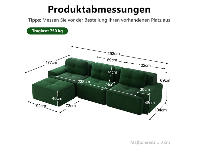 Canapé d'angle ulevr modulable 3 places avec ottoman, velours côtelé vert, 293 x 177 x 69 cm - Conforama C
