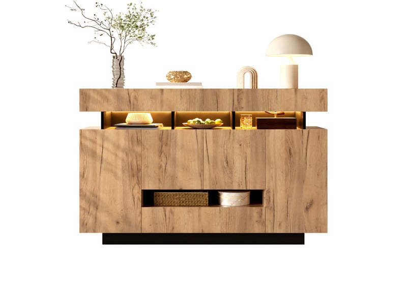  Commode 3 tiroirs et 4 portes, avec éclairage, compartiments ouverts, pour chambre, 140 x 35 x 90 cm, finition bois naturel et noir  - Conforama A