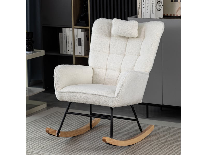  Fauteuil à bascule avec repose-pieds réglable et coussin d’appui-tête, rembourré en tissu bouclette blanc, 92 cm  - Conforama C