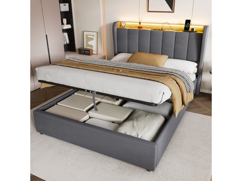 Lit coffre 140×200 cm, veilleuse LED, prise et coffre de rangement, lit simple avec grand espace de rangement, sans matelas - gris foncé - Conforama B