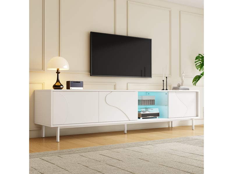  Meuble tv blanc 3 portes coulissantes, mdf, étagère en verre, éclairage led par app, pieds acier fins  - Conforama B