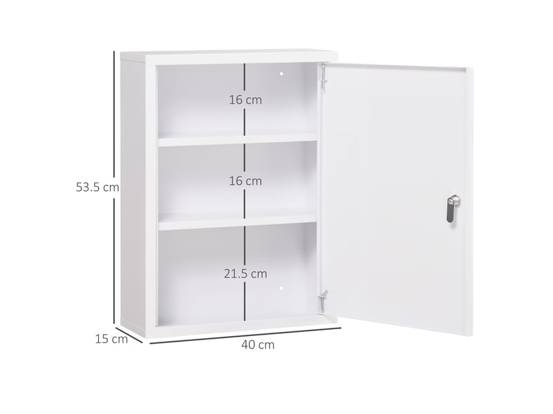  Armoire à pharmacie à 3 étagères avec serrure et 2 clés, acier, 40 x 15 x 53,5 cm, blanche  - Conforama E