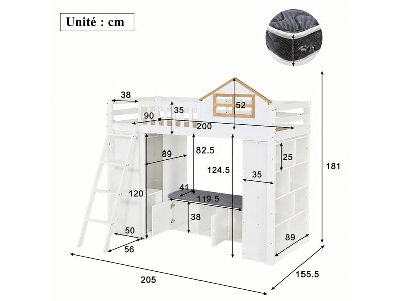  Lit mezzanine enfant 90 x 200 cm avec armoire et banquette, bois blanc et naturel  - Conforama C