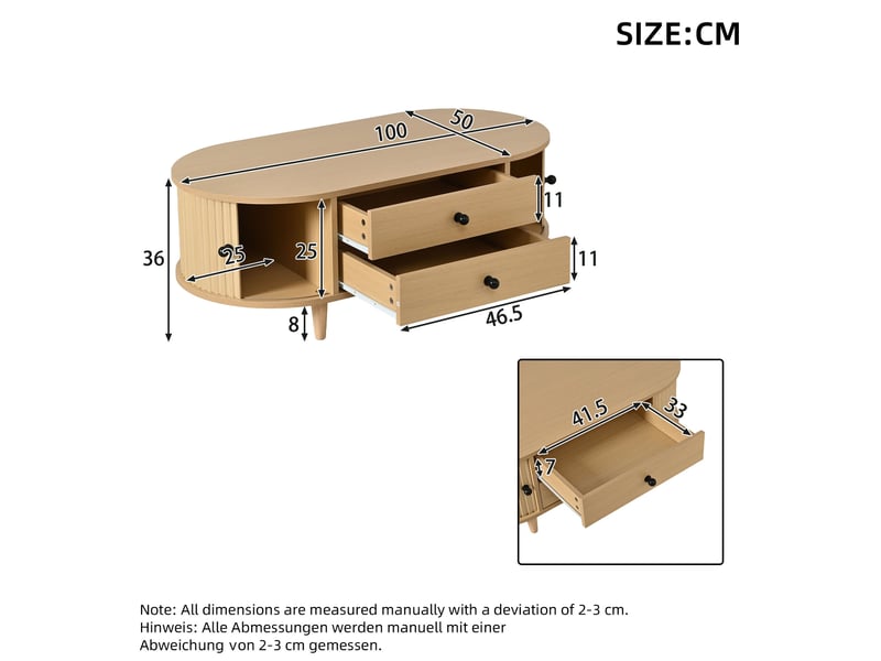  Table basse avec 2 tiroirs et portes coulissantes, rangement discret pour salon, 100 × 50 × 36 cm, en mdf, bois clair  - Conforama D