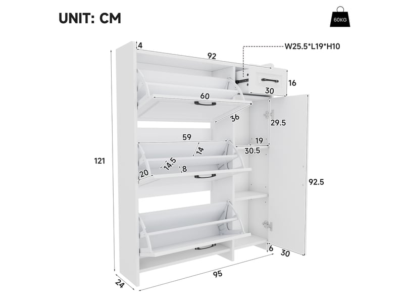  Meuble à chaussures 95x24x121 cm, 3 compartiments basculants, panneau de particules et mdf, blanc  - Conforama C