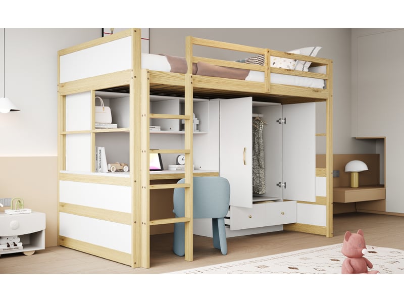  Lit mezzanine enfant 90x200 cm – blanc et bois clair – bureau, armoire, tiroirs et rangement - sans matelas  - Conforama B