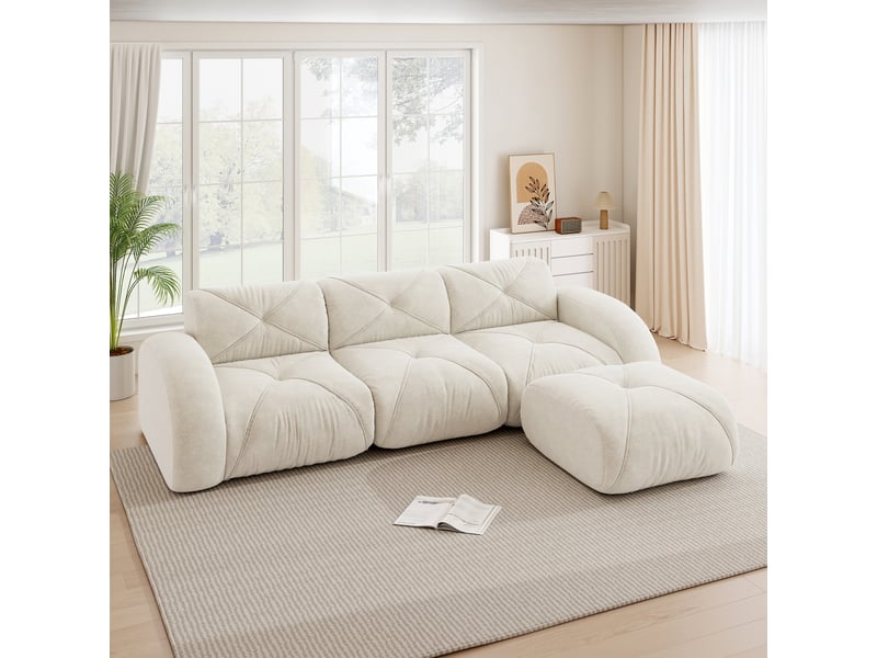 Canapé d'angle modulaire avec assise en mousse 32d et base antidérapante, en chenille beige clair - Conforama D
