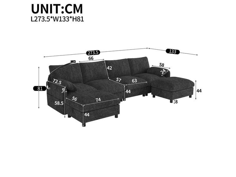  Canapé modulaire 6 places en chenille avec rangements, ports de charge usb et type-c, support téléphone, gris  - Conforama D