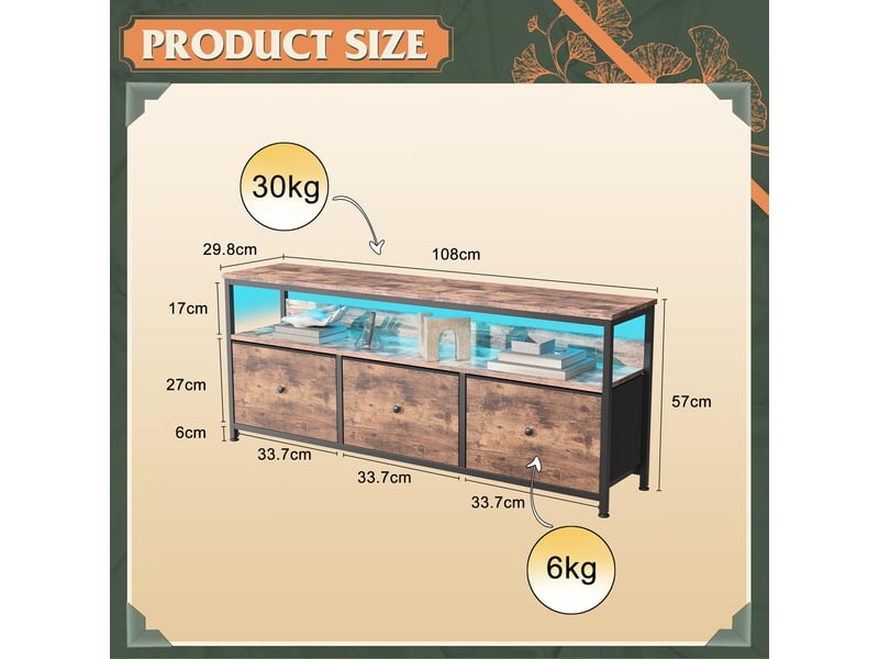  Meuble tv led 108cm meuble télé avec 3 tiroir en tissu et étagères ouvertes, cadre en acier, banc tv salon, chambre, marron rustique  - Conforama C