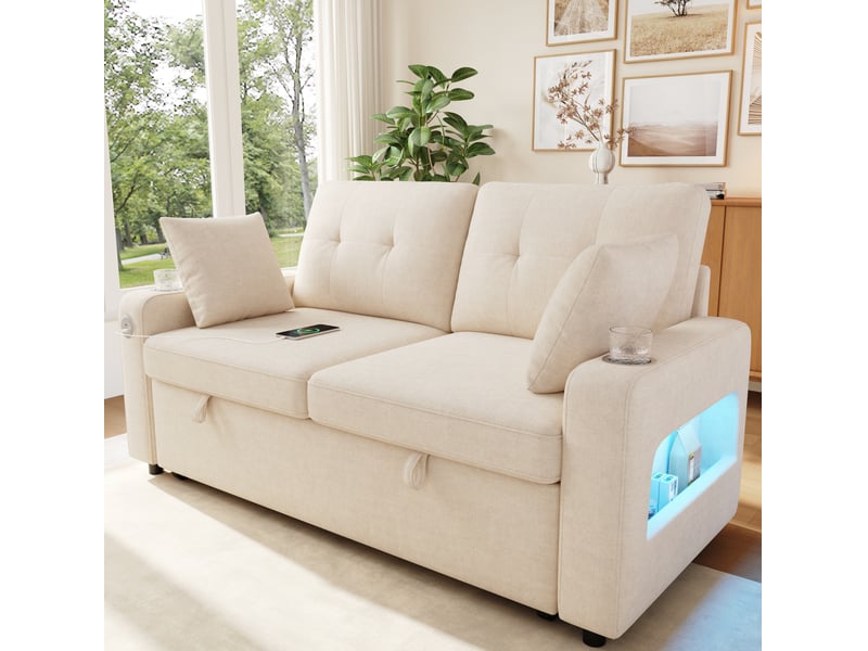  Canapé-lit 2 places 141,5x131x83,5 cm avec led et ports usbtype-c beige  - Conforama D