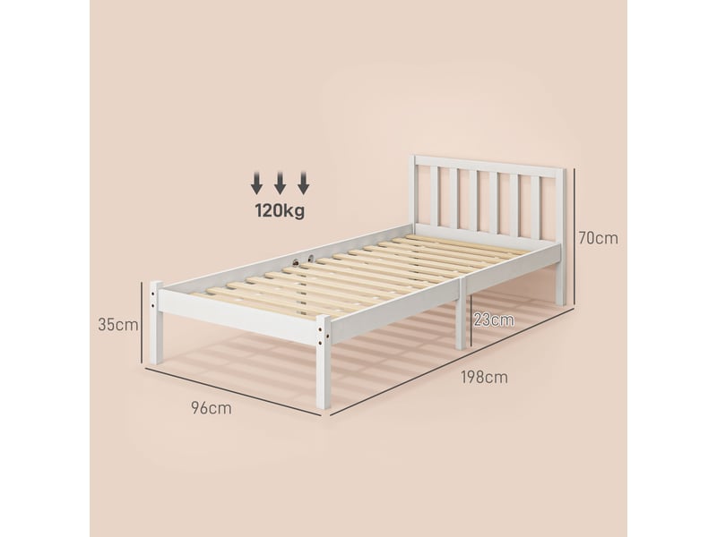  Lit simple bois 90x190 avec tête de lit, cadre de lit blanc en pin 198x96x70 cm  - Conforama E