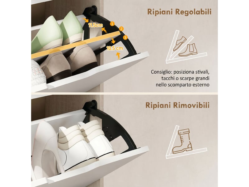  Étagère à chaussures mince et peu encombrante avec 3 tiroirs pour 18 paires de chaussures, 62,5 x 26 x 117,5 cm, en bois et blanc  - Conforama E