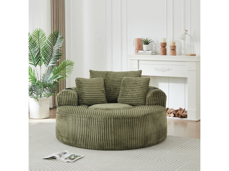  Canapé 1 place rond avec 2 porte-gobelets, 3 coussins et poches latérales, velours côtelé, vert OMNIGLINT TRADING LTD - Conforama B