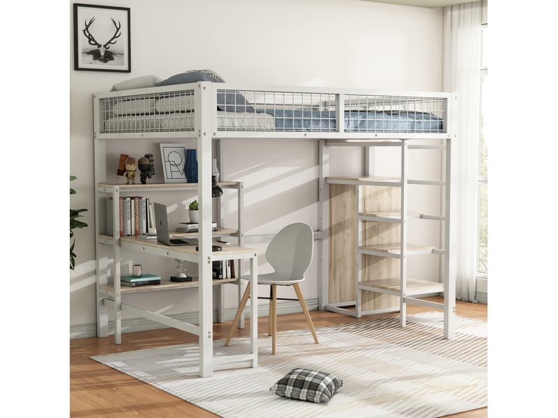 Lit mezzanine 140x200 cm blanc avec bureau, étagères et rangement - Conforama D