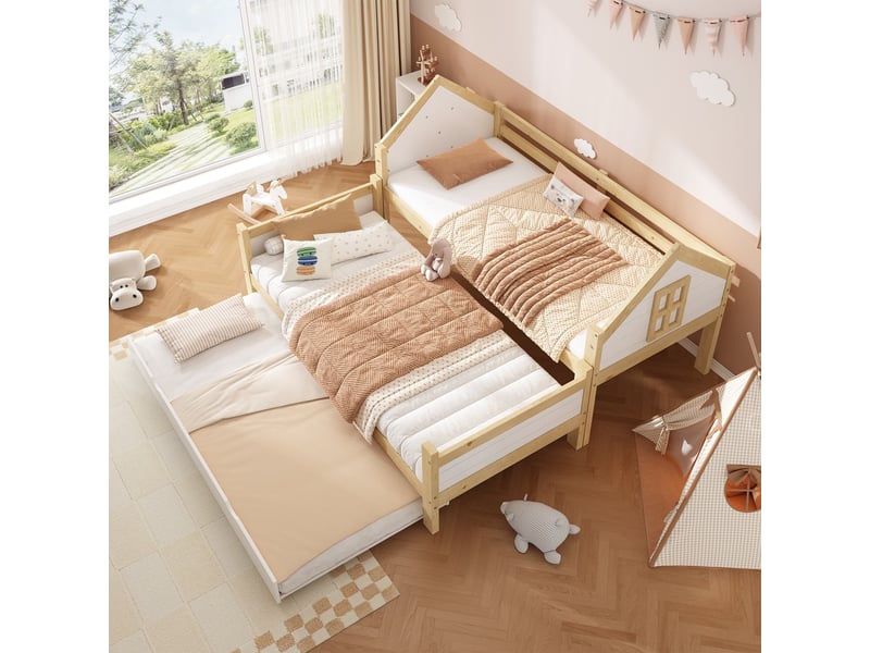  Lit superposé en bois 3 places, 90 x 200 cm, avec lit gigogne, échelle et barrières de sécurité, design « maison », blanc et naturel  - Conforama D