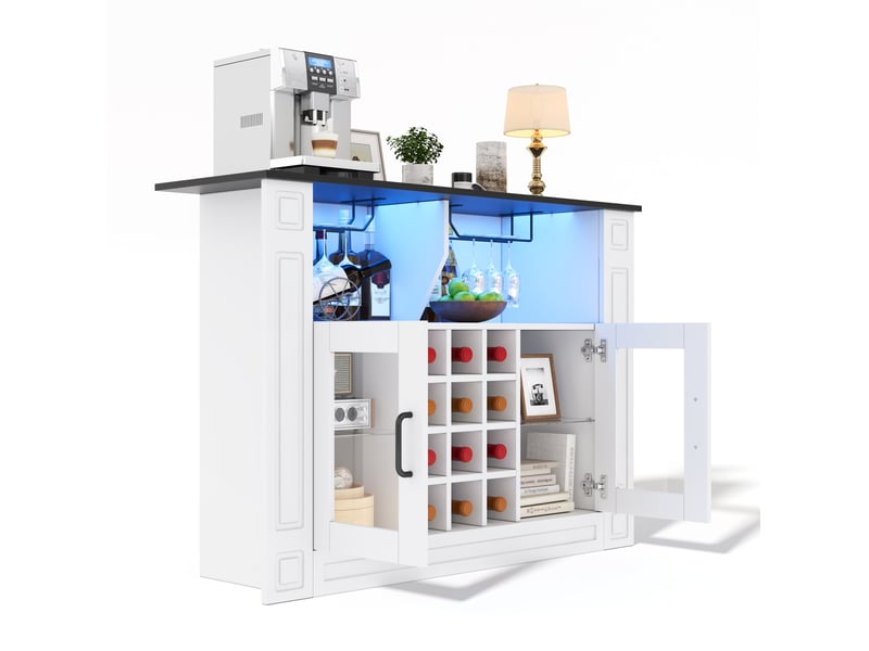  Buffet de cuisine 120x35x84 cm avec led rgb, porte-verres et casier 12 bouteilles blanc  - Conforama A