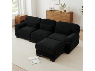 Canapé d'angle modulable - 3 places - forme l - 1 ottoman - coussins lombaires - velours côtelé - mobilier de salon - noir
