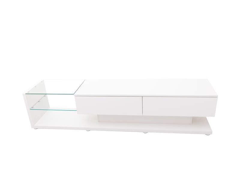 Meuble tv blanc laqué avec led 170 cm, banc tv moderne avec 2 tiroirs et étagères en verre - Conforama W
