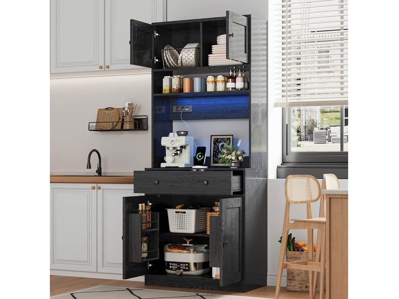  Buffet de cuisine 72x40x180 cm avec led, prises et tiroir noir  - Conforama D