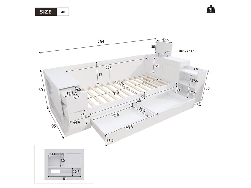  Lit enfant daybed blanc 90 x 200 cm avec rangements  - Conforama E