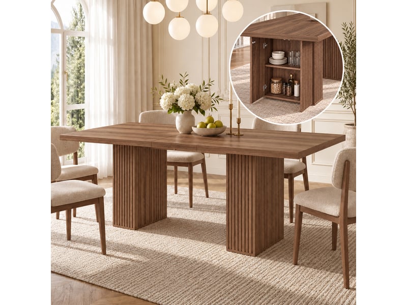  Table à manger extensible 150-190x90x75cm pour 6 à 8 personnes, 2 rangements intégrés, plateau épais, pieds rainurés, style scandinave, noyer  - Conforama B