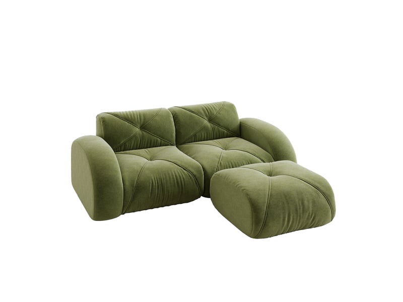 Canapé modulaire 2 places sans armature avec pouf en mousse 32d et tissu chenille vert pour salon - Conforama A