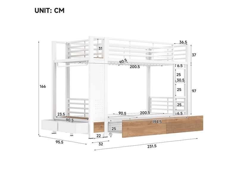 Lit superposé 90x200 cm avec cadre métal - 4 tiroirs - étagères multiples - led - panneau perforé - barre à vêtements - espace de rangement - mdf - blanc CozyNest - Conforama C