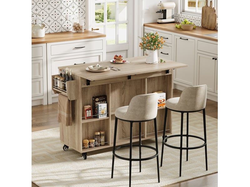Desserte de cuisine 120x43,5x92,9 cm, sur roulettes, plateau rabattable, tiroir et placards, mdf, couleur chêne sonoma - Conforama D