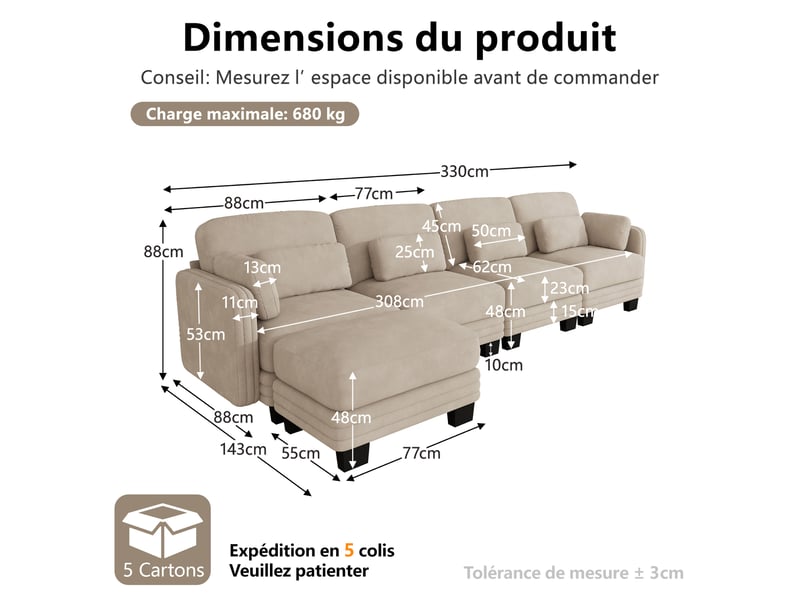  Canapé d’angle modulaire 4 places avec ottomane 330x143x88 cm en chenille café clair  - Conforama C