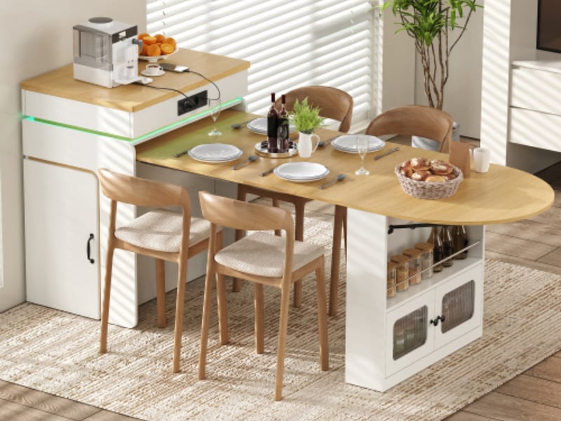 Îlot de cuisine mobile 80 × 55 cm, table coulissante, 2 tiroirs, led, prises, usb et usb-c, blanc et effet chêne - Conforama B