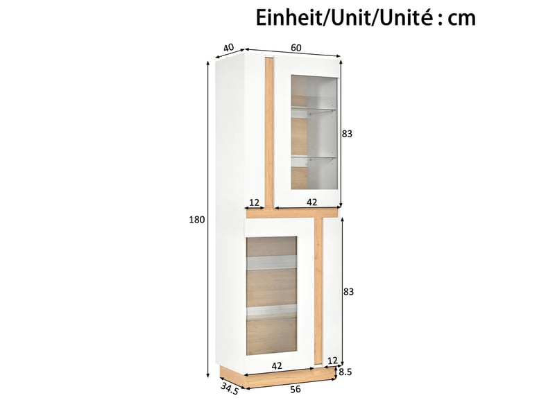 Vitrine avec éclairage led, 2 portes en verre, étagères en verre, grand meuble d'exposition, armoire de salon, rangement en panneaux de particules  - Conforama C