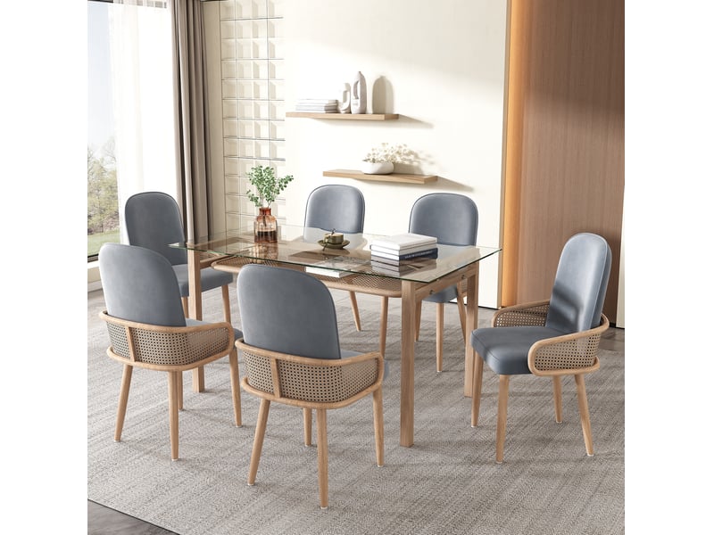  Chaises de salle à manger lot de 6 en velours avec design en rotin pe et pieds métalliques gris  - Conforama B