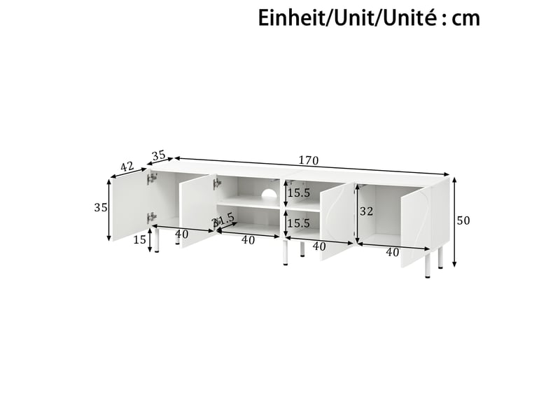  Meuble tv bas 170 cm, finition blanc, avec façades en relief  - Conforama C