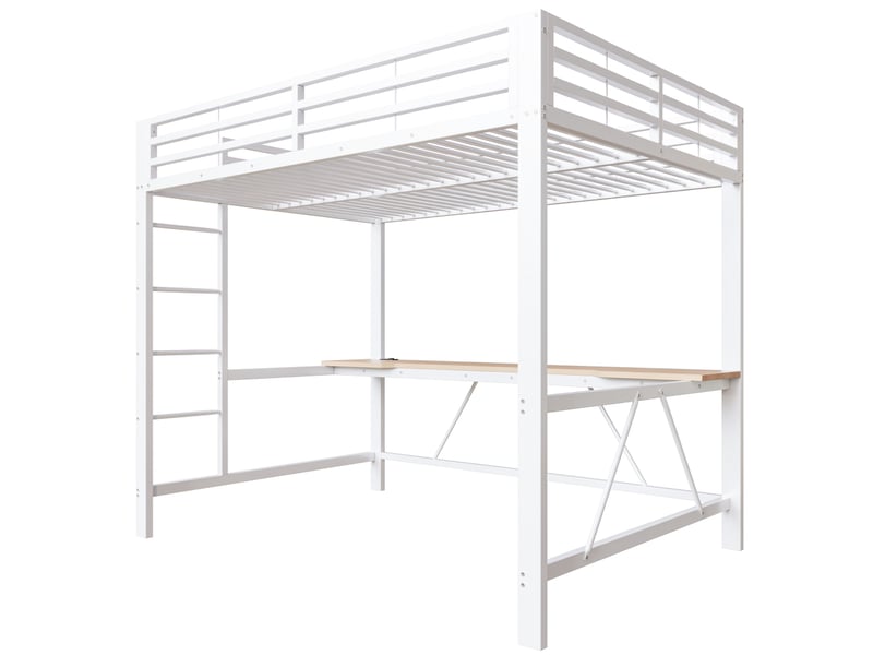  Lit mezzanine gaming en métal 140x200 avec éclairage led, station de chargement usb et bureau, blanc  - Conforama E